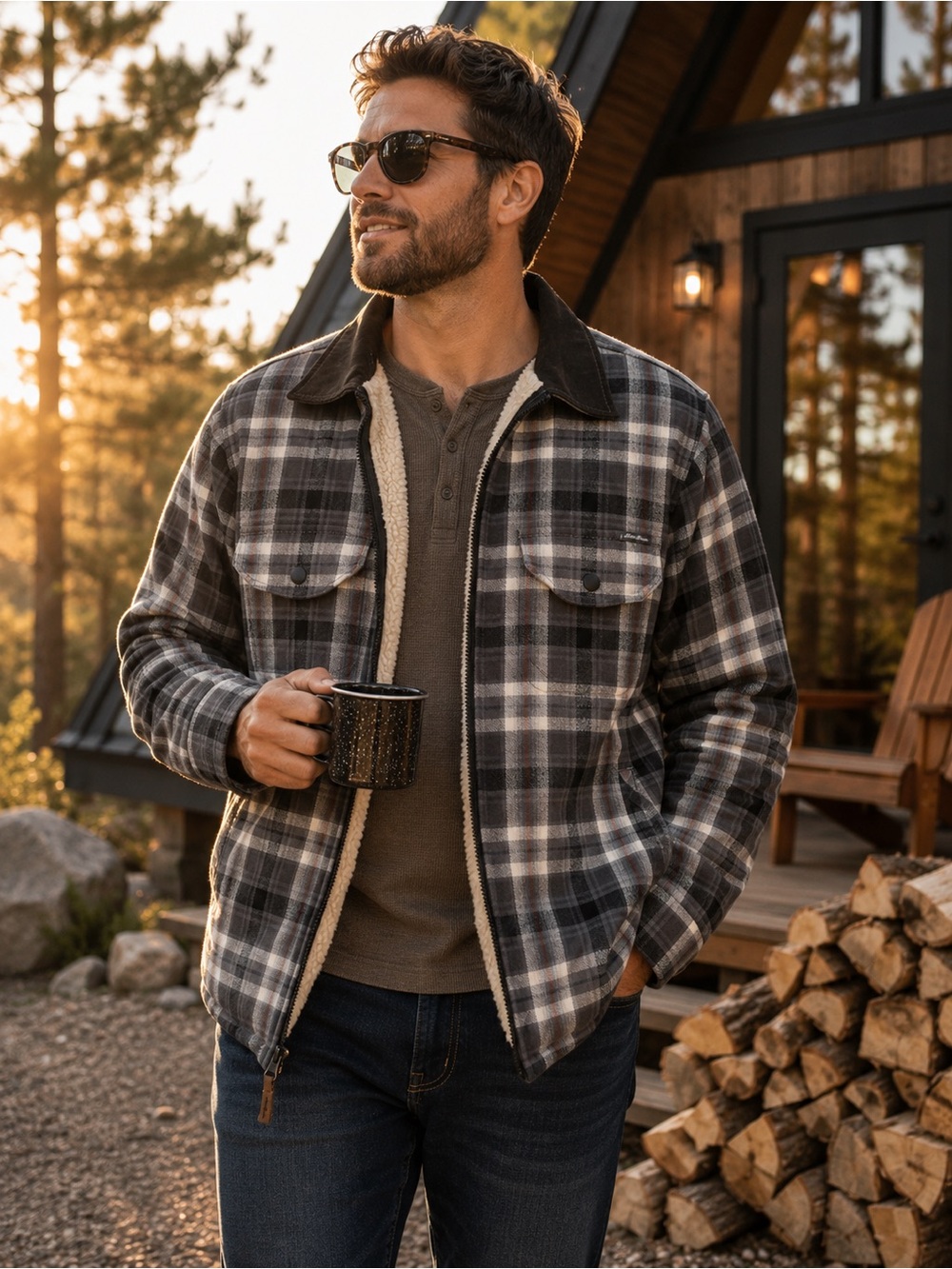 Eddie Bauer Sherpa Lined Plaid Jacket Men’s Large Full Zip Outdoor Coat GORPcore
